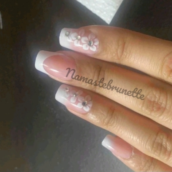 2/$16 Floral Rhinestone French Manicure Press On Nails - Picture 11 of 16